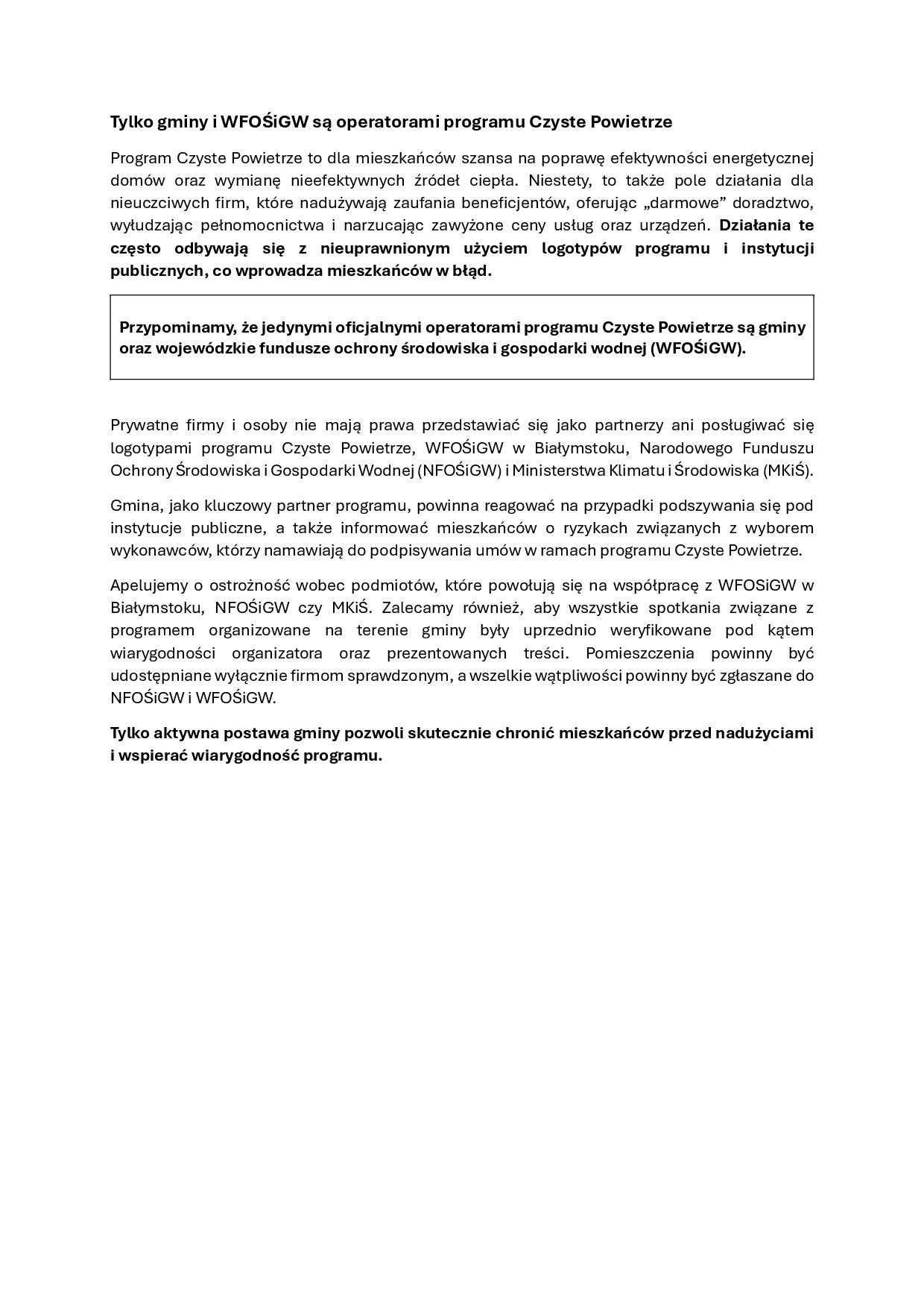 Komunikat Tylko gminy i WFOŚiGW są operatorami programu Czyste Powietrze