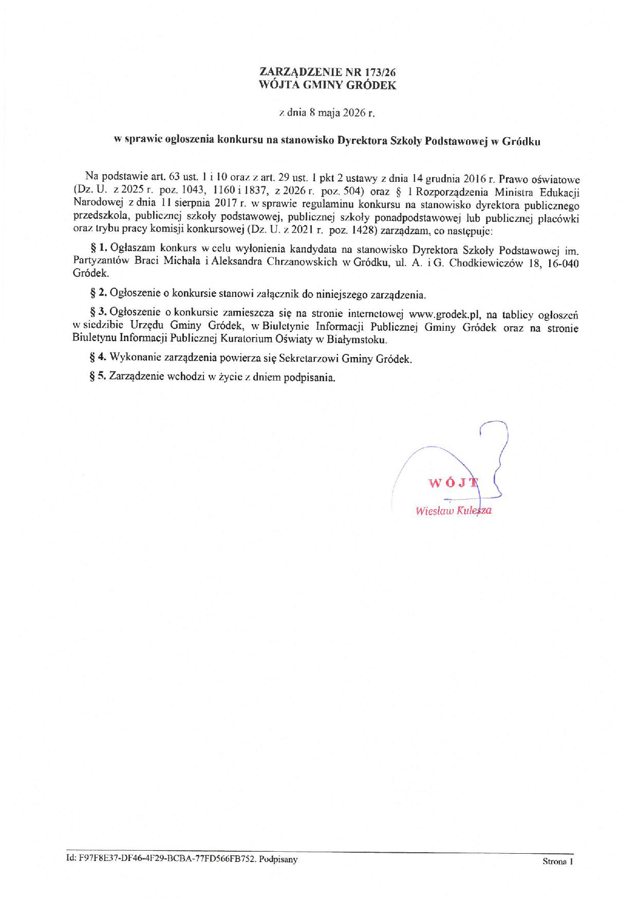 Ogłoszenie konkursu na Dyrektora Szkoły Podstawowej w Gródku.1