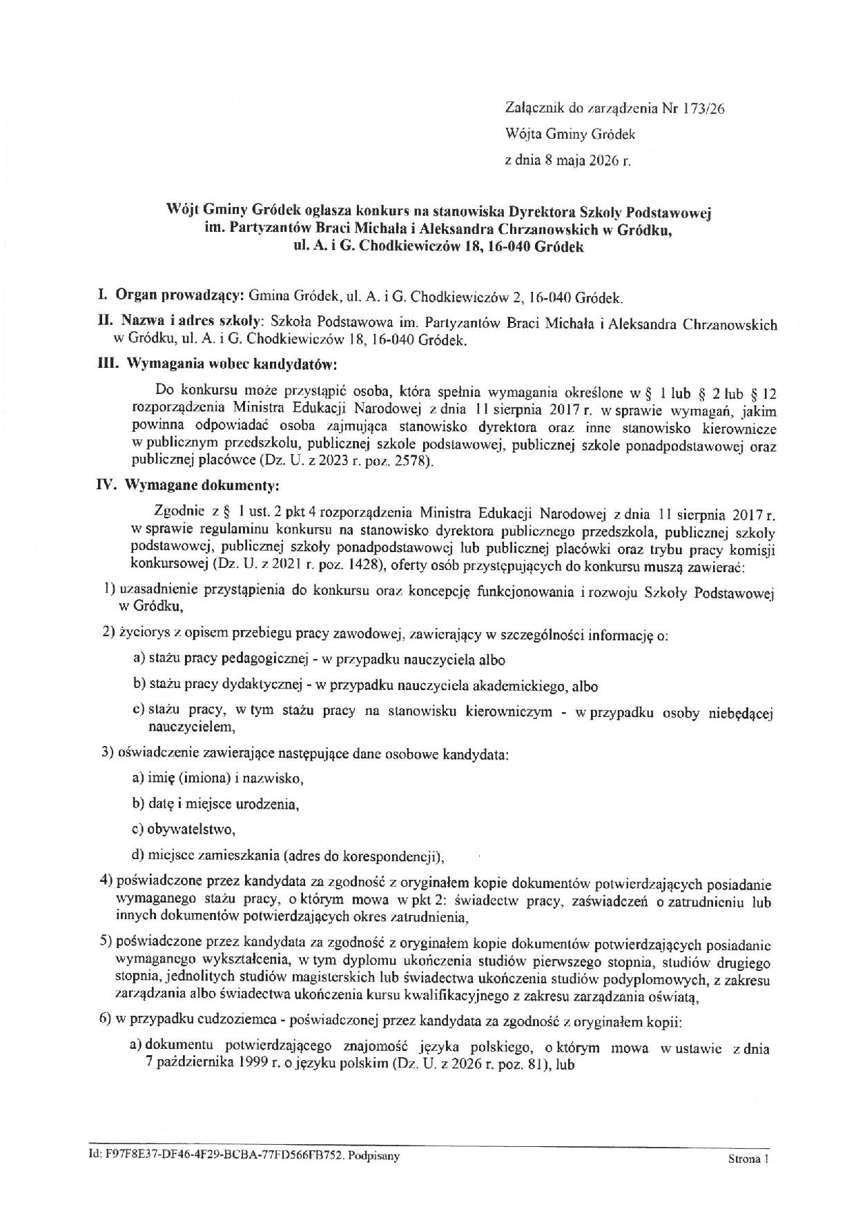 Ogłoszenie konkursu na Dyrektora Szkoły Podstawowej w Gródku.2