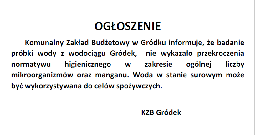 ogłoszenie o jakości wody