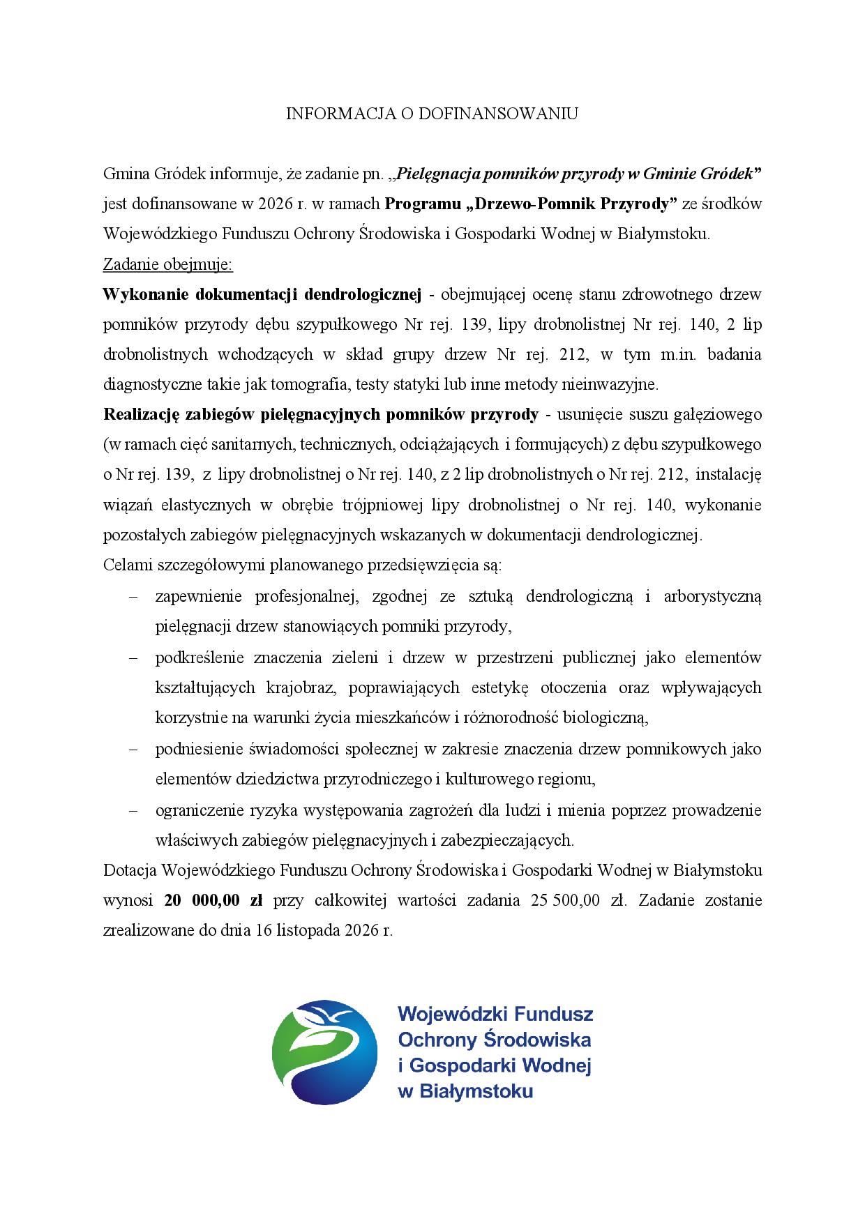 informacja o dofinansowaniu pomniki przyrody Gmina Gródek